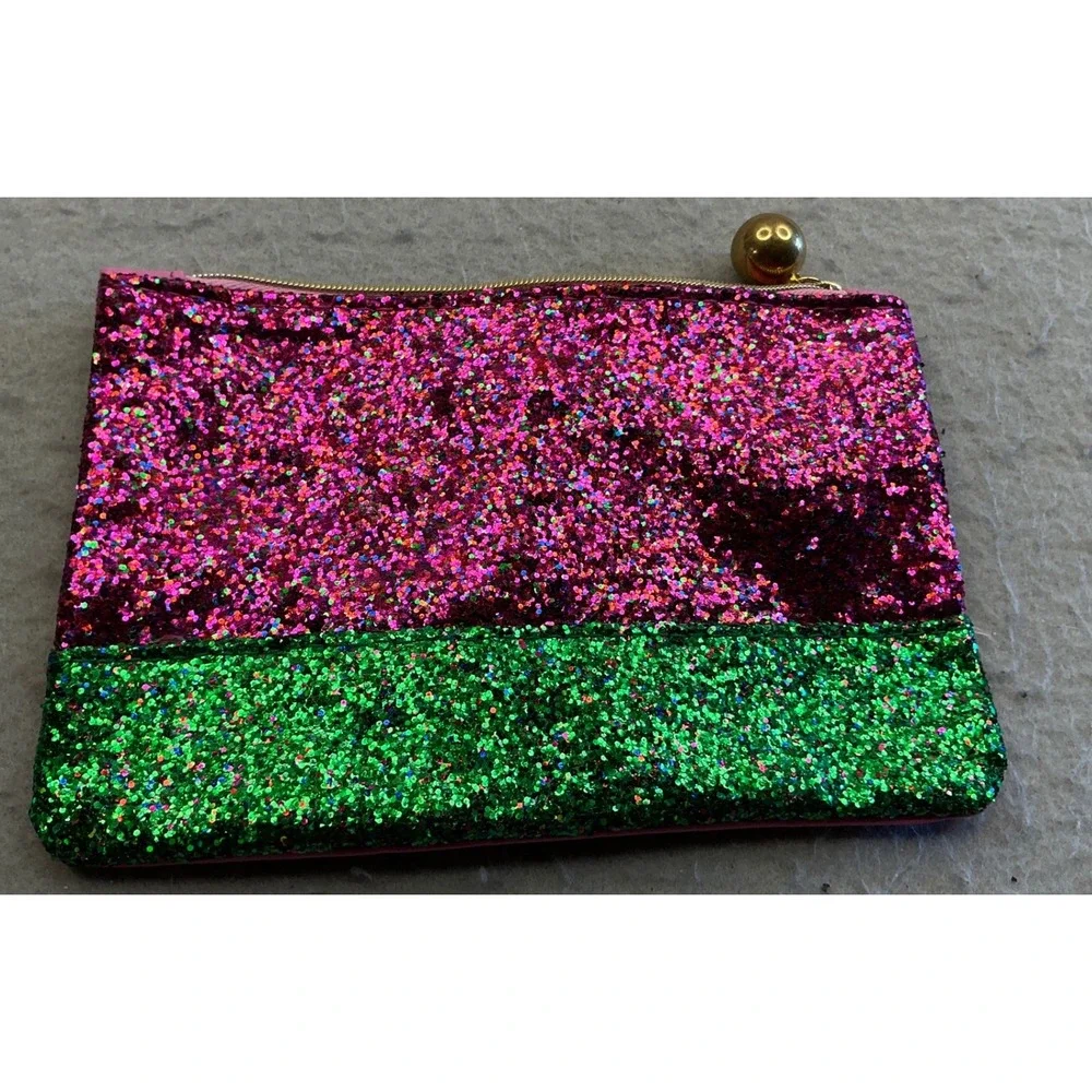 Ipsy Makeup Bag Pink Green Glitter Two Tone Cosmetic Pouch Gold Ball Zipper S